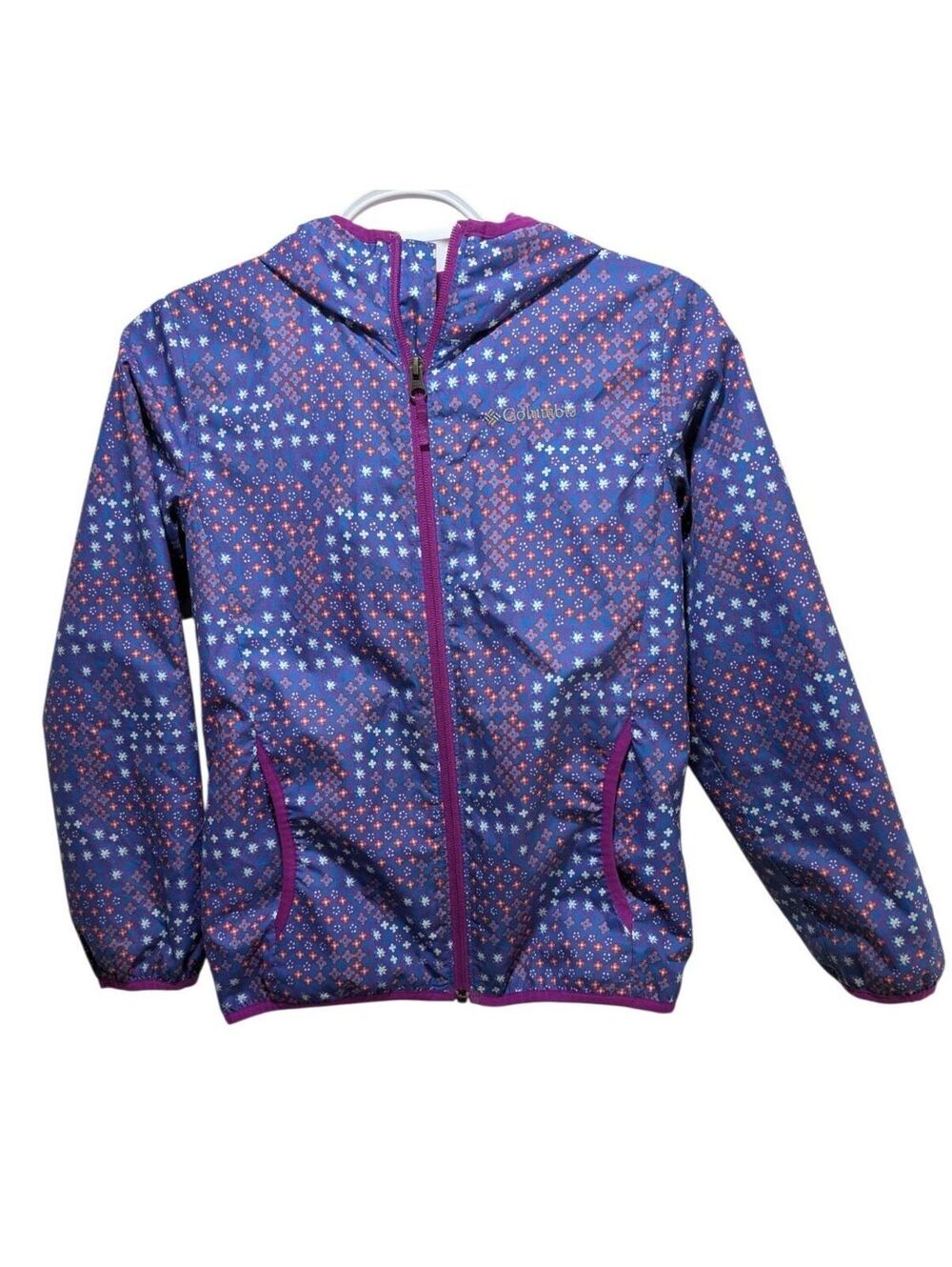 Columbia Girls Hooded Windbreaker Jacket Blue Purple Patterned Medium